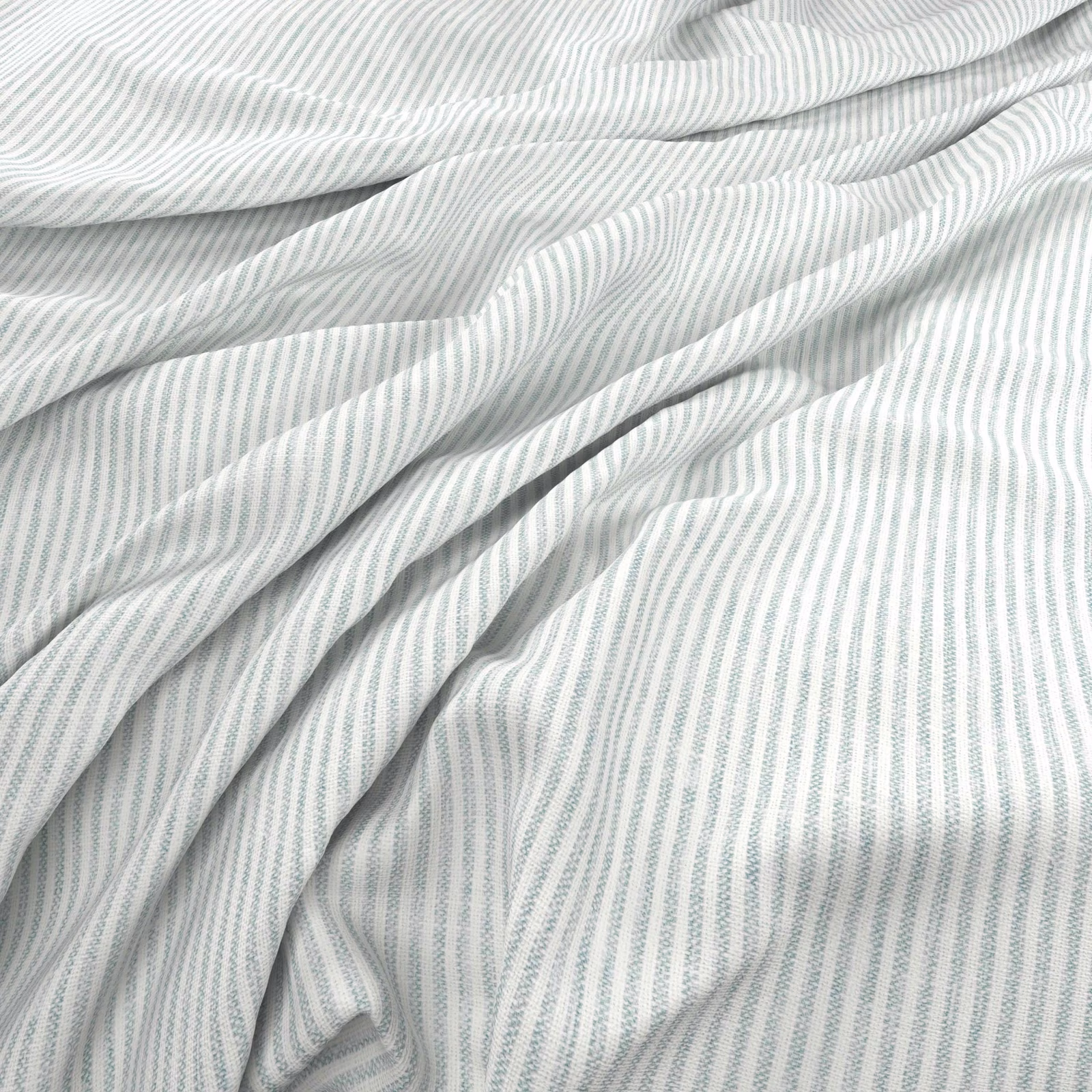 Pale seafoam and white fine vertical stripes gathered into soft flowing folds