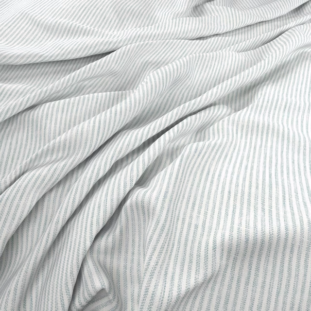 Pale seafoam and white fine vertical stripes gathered into soft flowing folds