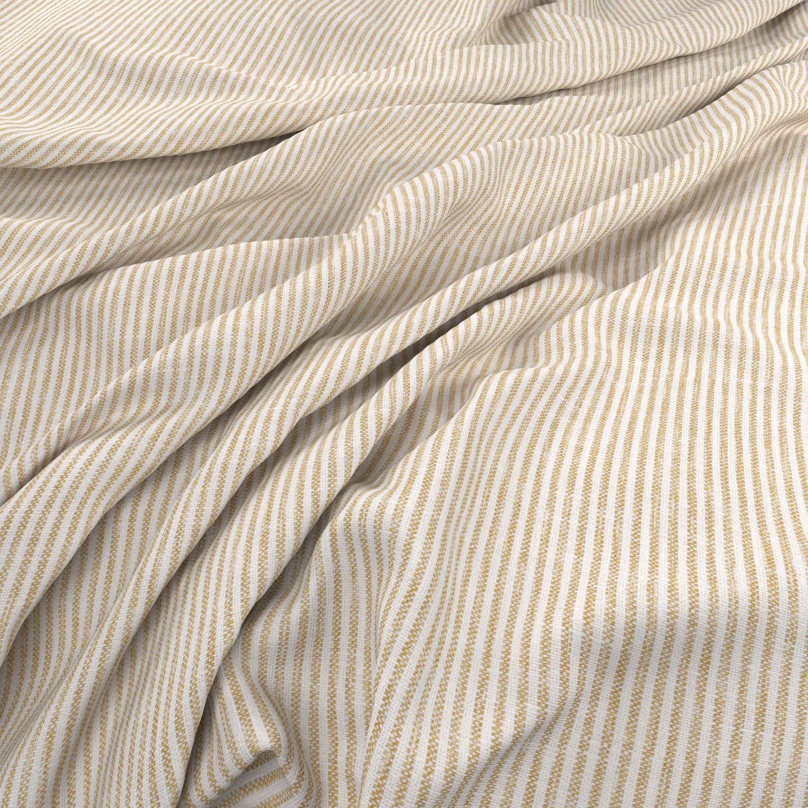 Warm straw and ivory fine stripes folding into a softly fluid drape