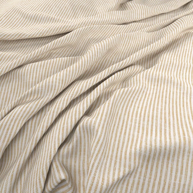 Warm straw and ivory fine stripes folding into a softly fluid drape