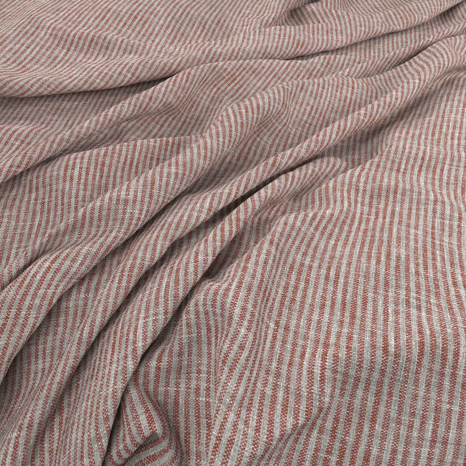 Muted terracotta and pale neutral fine stripes in a softly folded woven cloth