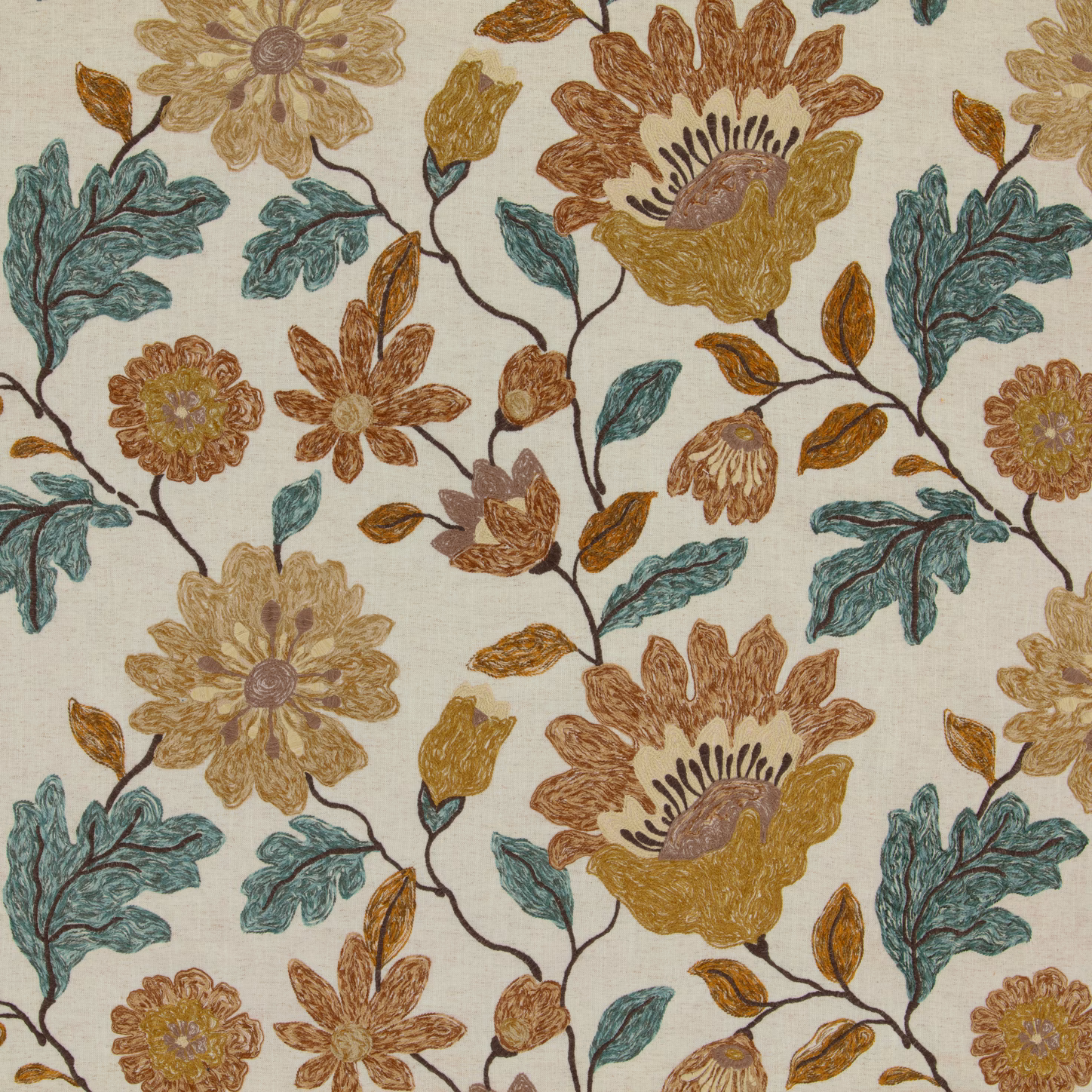 Cream-ground Fiora Amber textile with amber flowers, rust petals and teal leaves