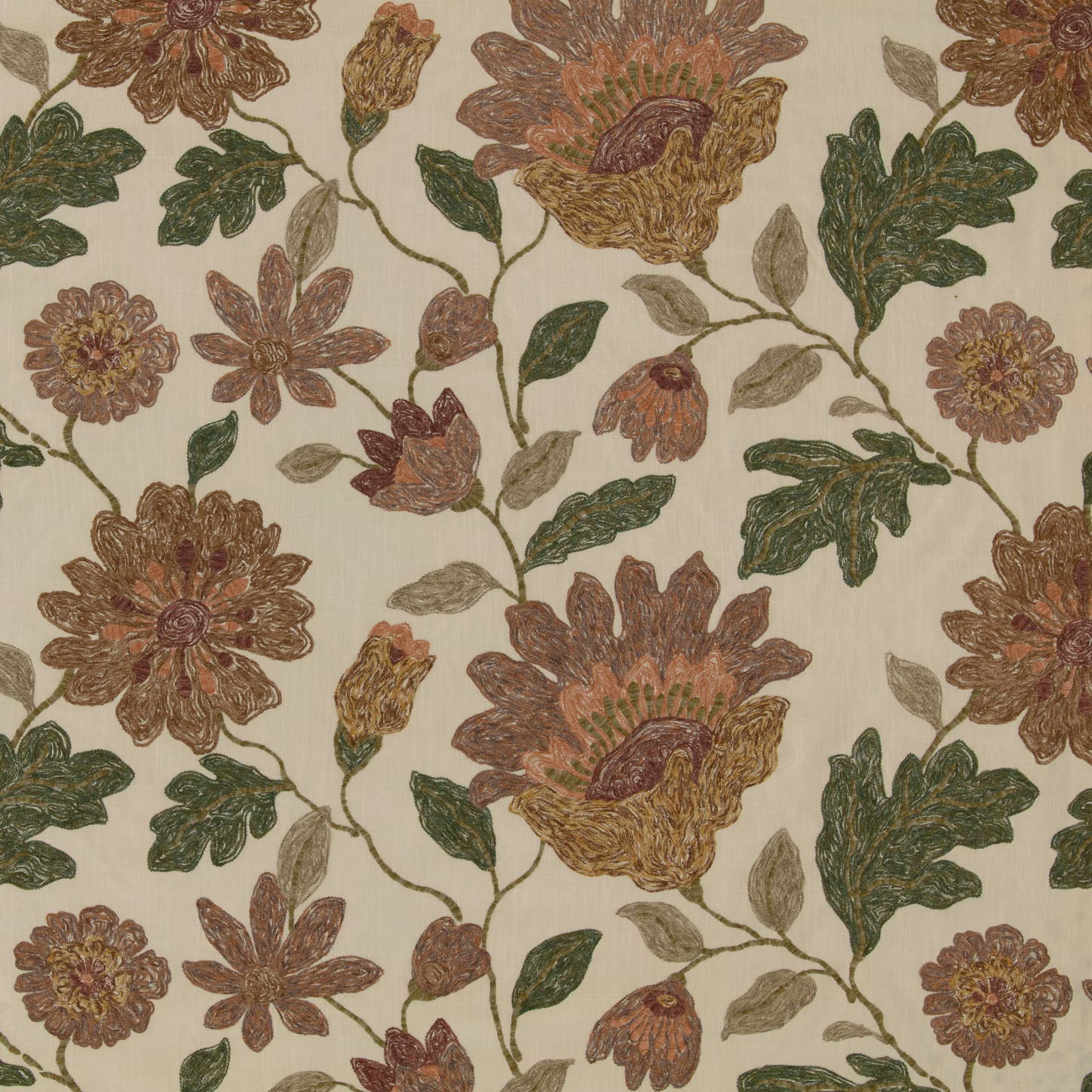 Cream-ground botanical swatch with rust blooms, ochre petals, olive leaves and winding stems.