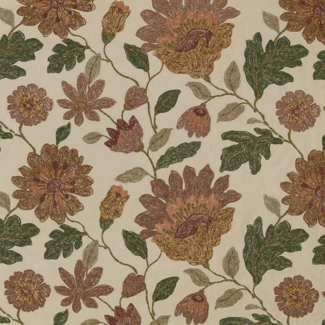 Cream-ground botanical swatch with rust blooms, ochre petals, olive leaves and winding stems.