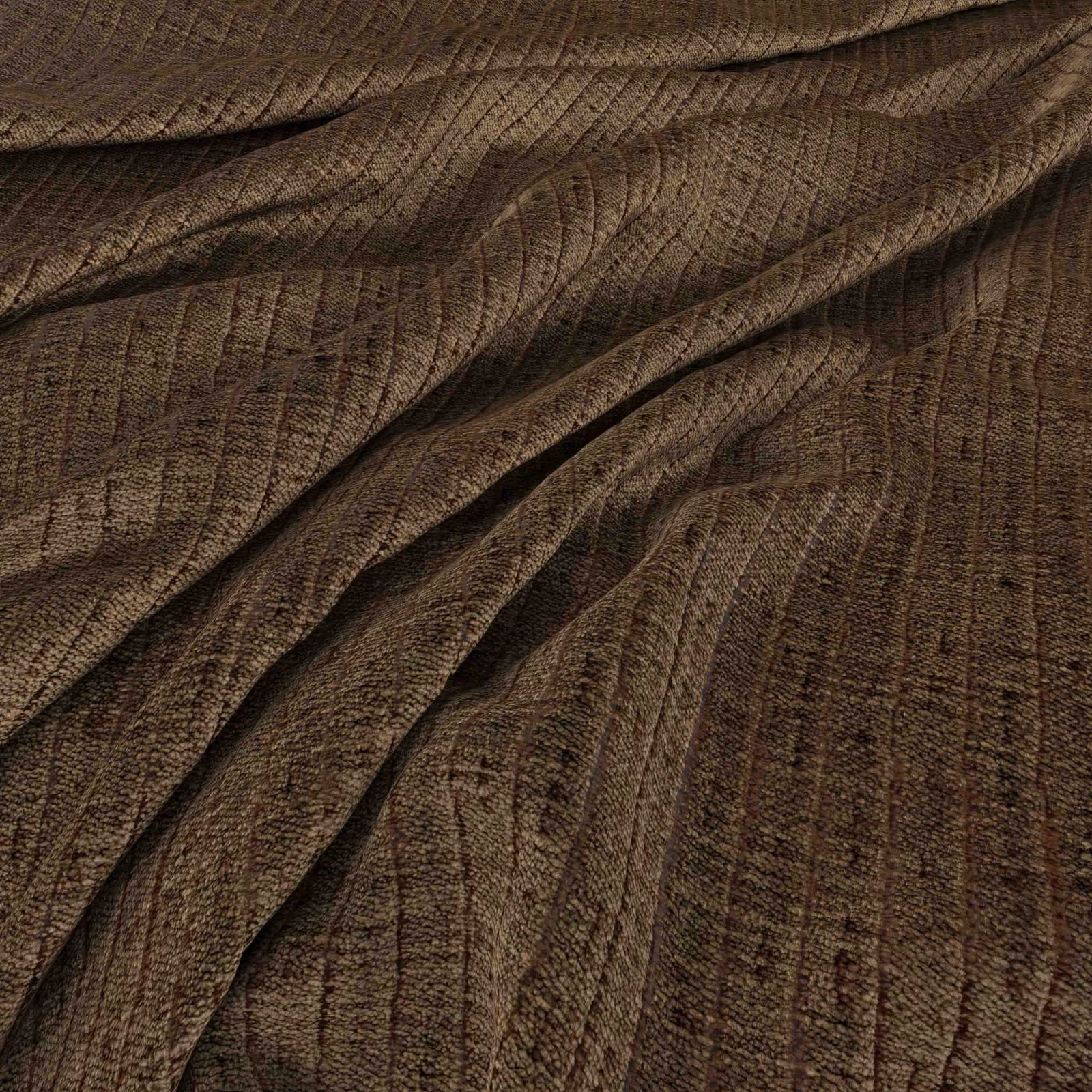 Deep bronze-brown woven fabric with fine striations gathered into soft diagonal folds