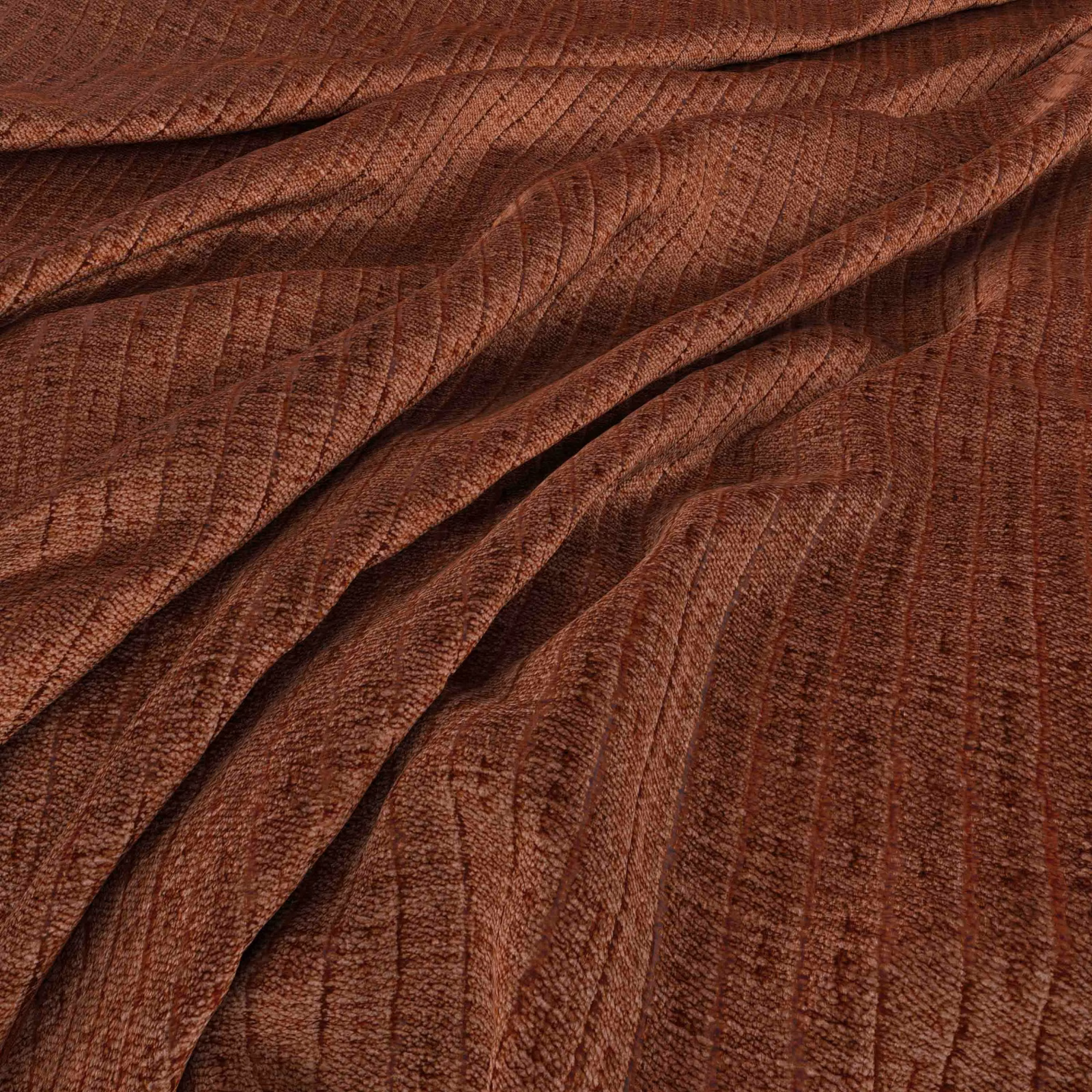 Warm copper-brown fabric with fine ribbed lines and softly rippled folds