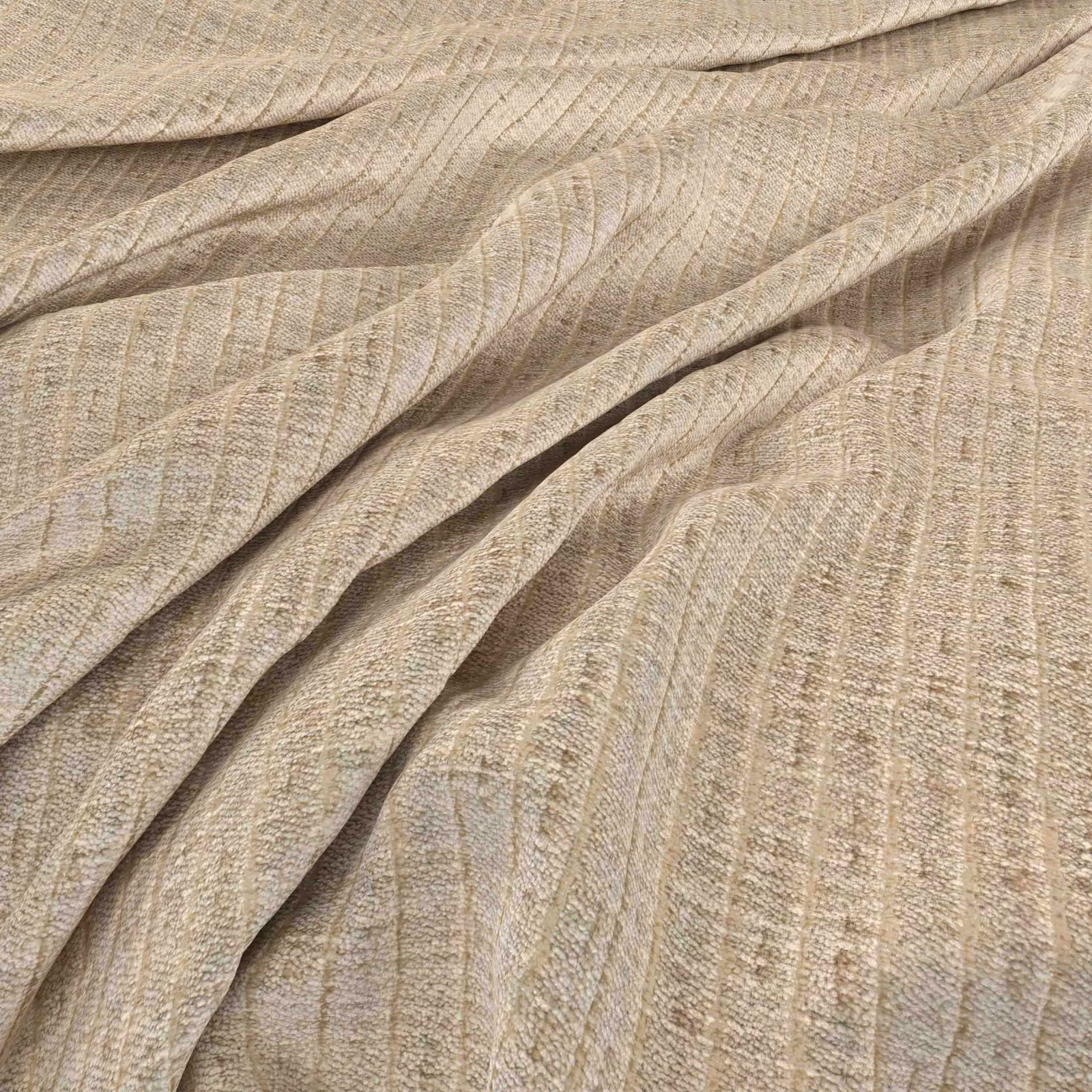 Warm cream woven textile with fine taupe striations draped in soft folds
