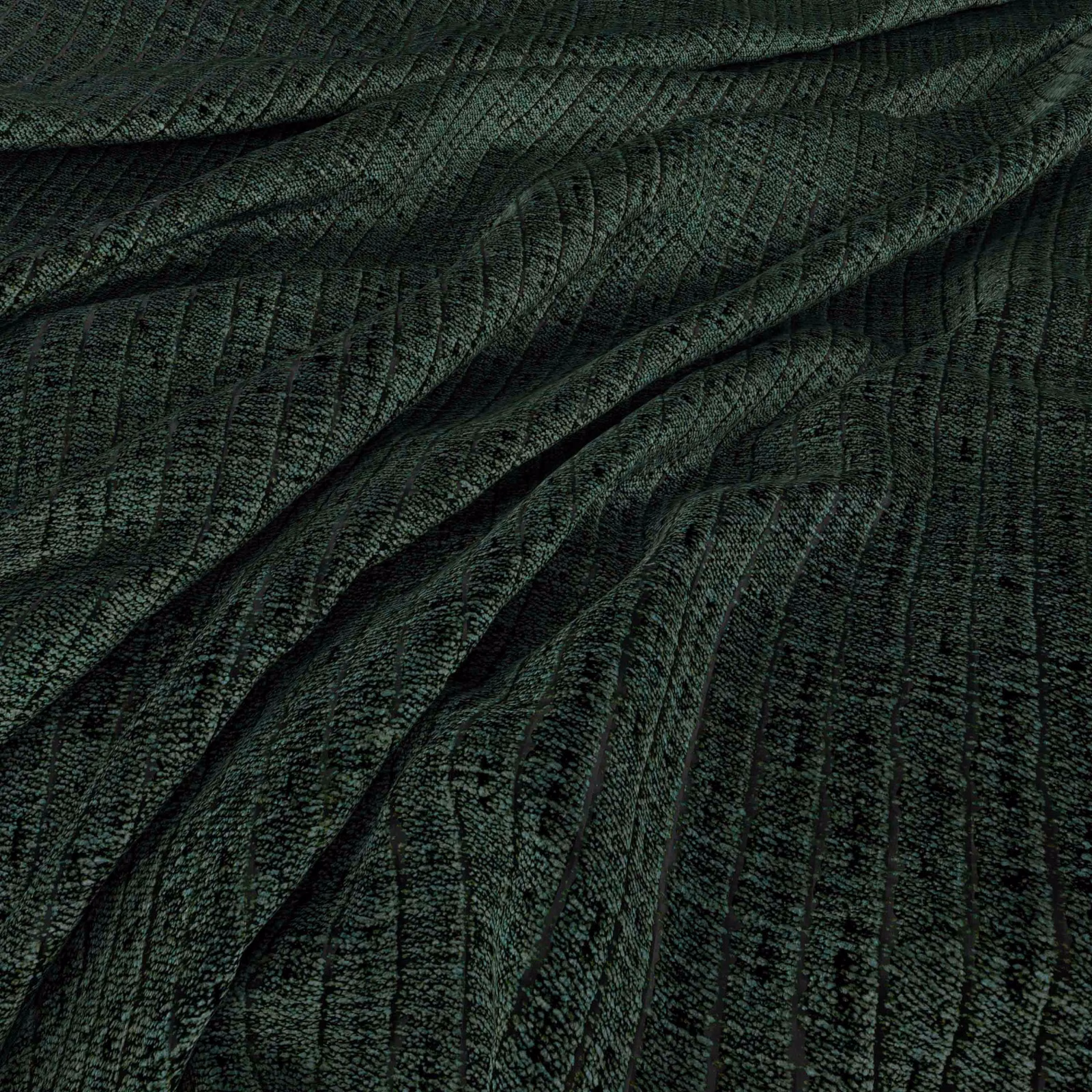 Deep emerald green woven textile with vertical striations, rippled folds and subtle tonal flecks.