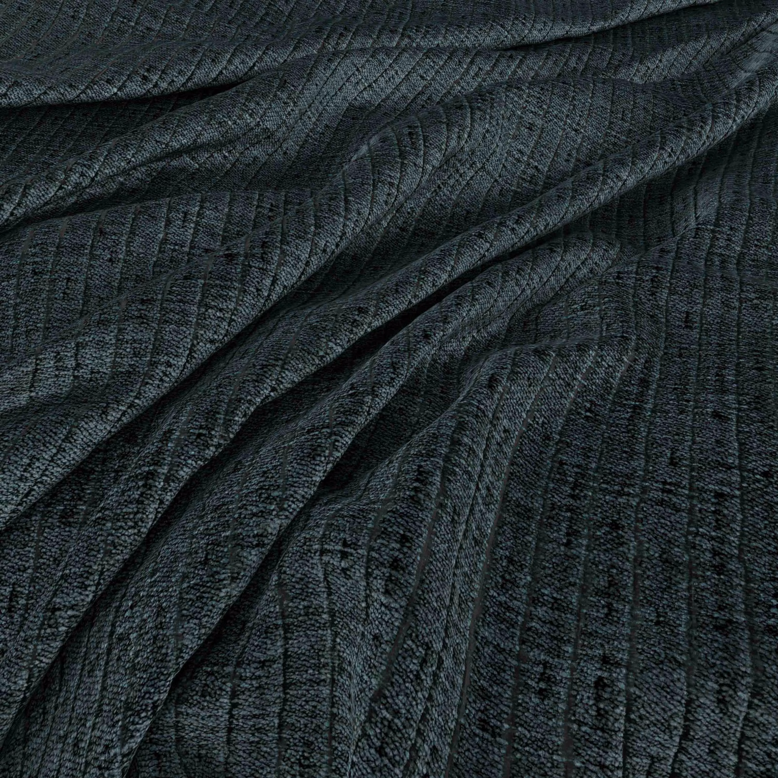 Dark blue-charcoal woven textile with fine vertical ribbing and deep folded shadows
