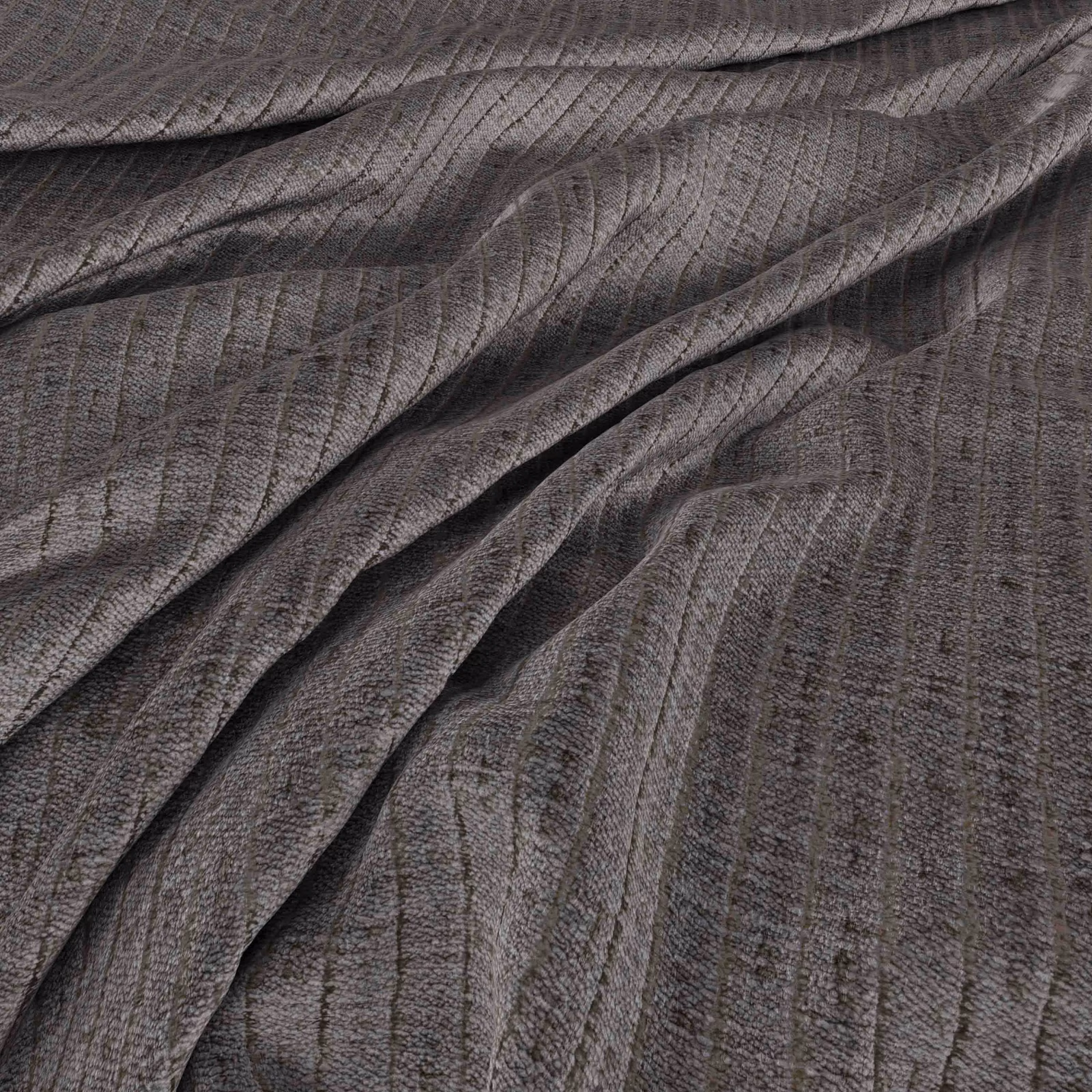 Charcoal steel-grey woven fabric with fine vertical striations gathered into soft folds