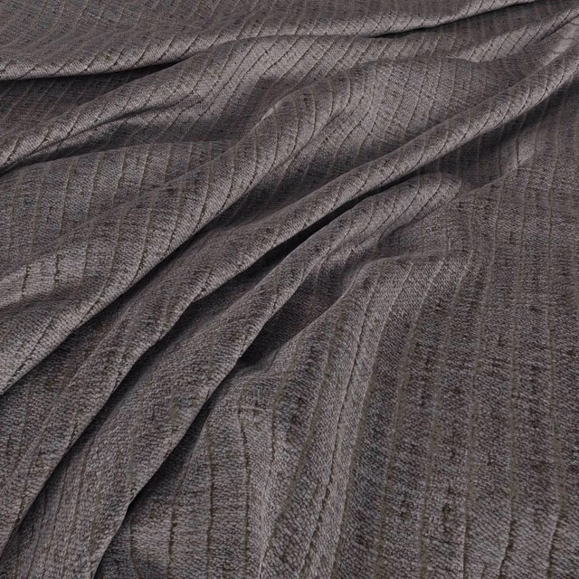Charcoal steel-grey woven fabric with fine vertical striations gathered into soft folds