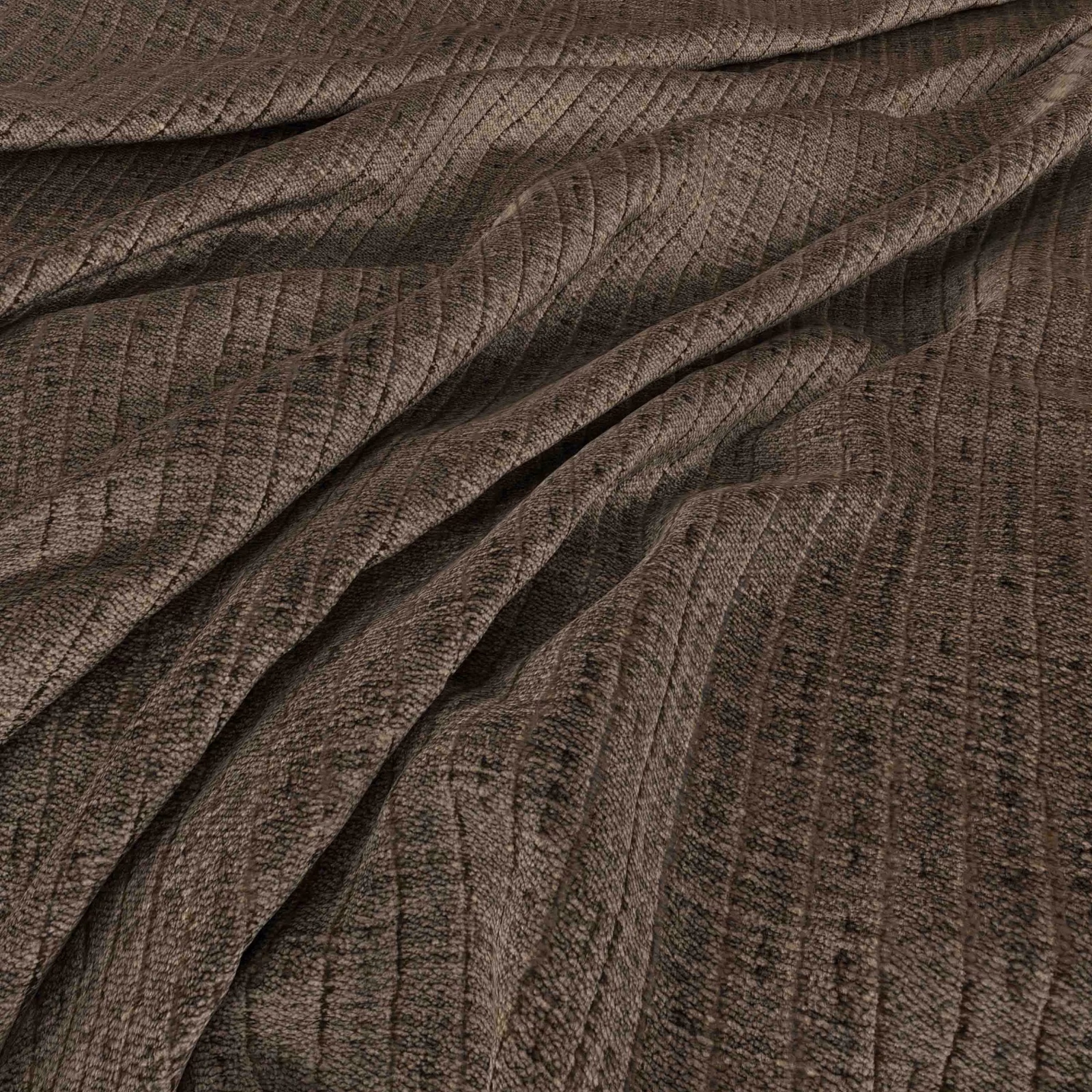Deep taupe woven textile with fine vertical striations gathered into rippled folds