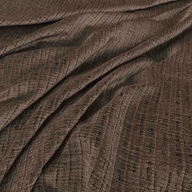 Deep taupe woven textile with fine vertical striations gathered into rippled folds