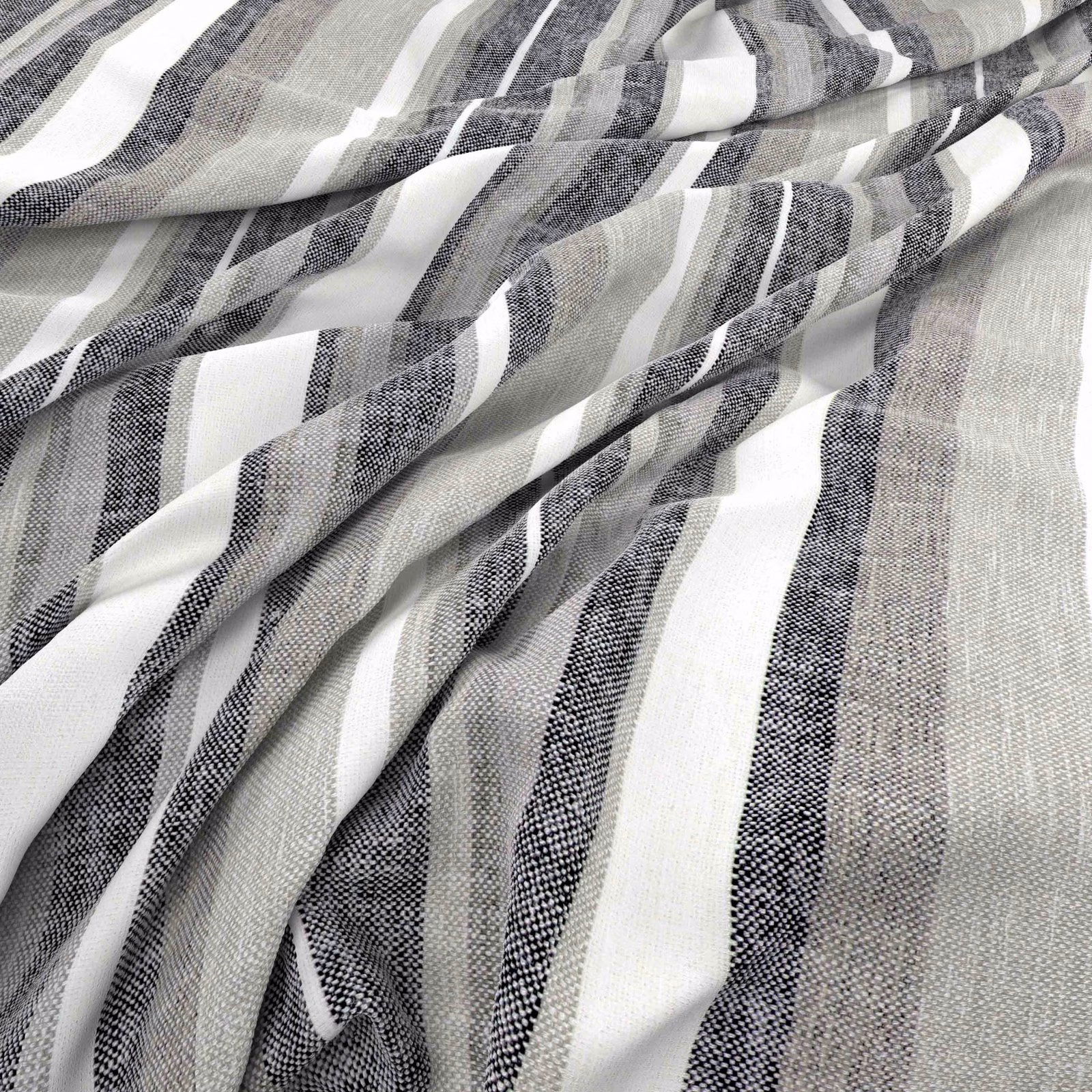 Charcoal, grey and white striped woven fabric gathered into soft flowing folds