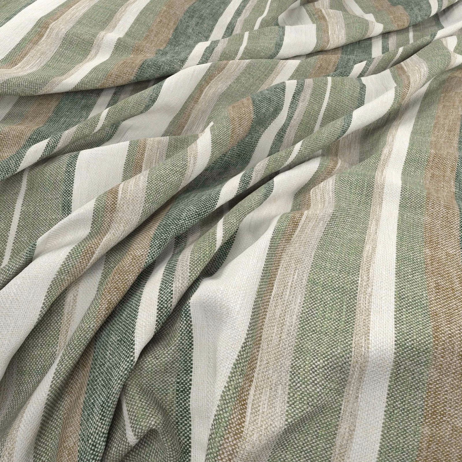 Muted clover sage fabric with cream, taupe and grey wavering stripes in folds