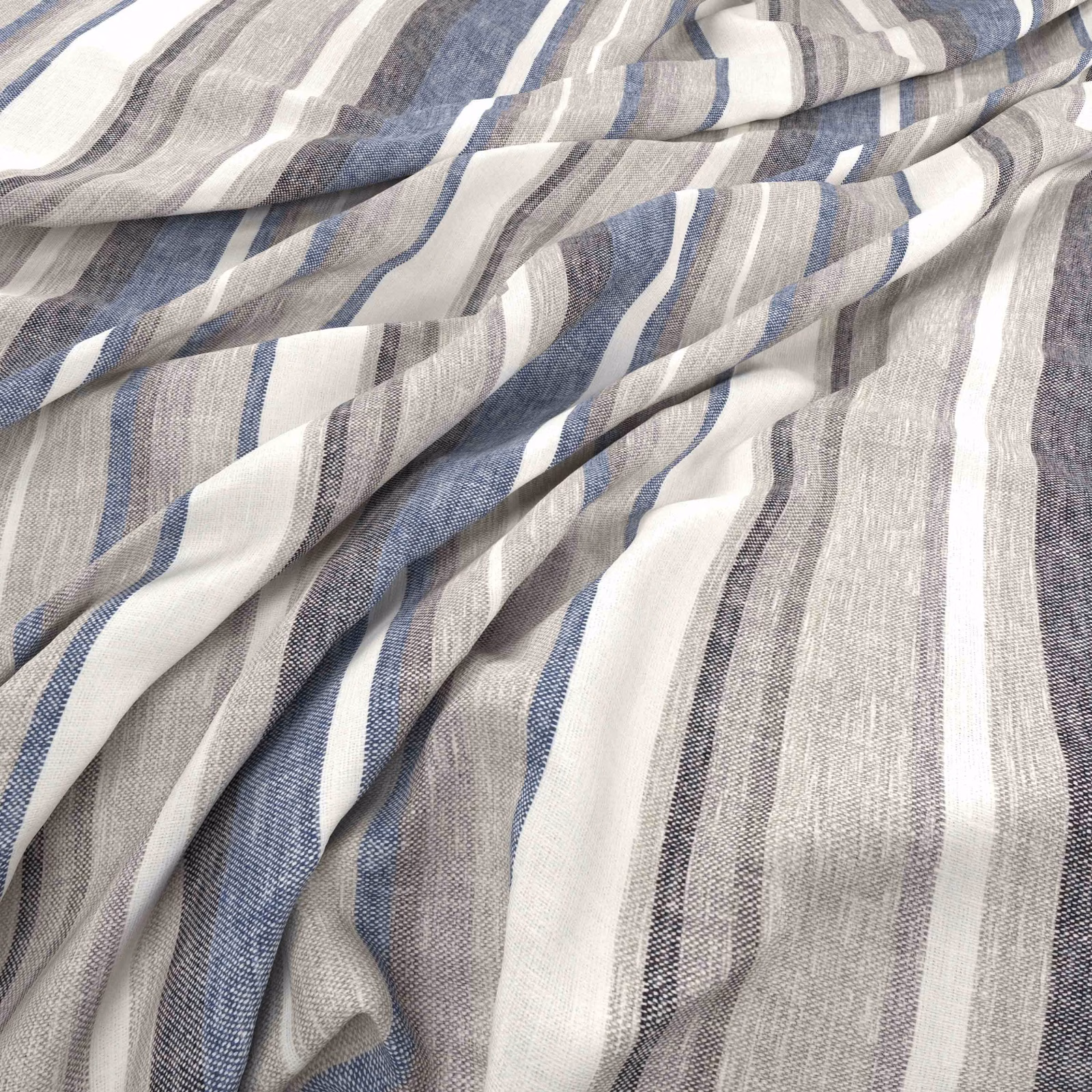 Cream and grey woven fabric with soft blue, uneven vertical stripes in folds