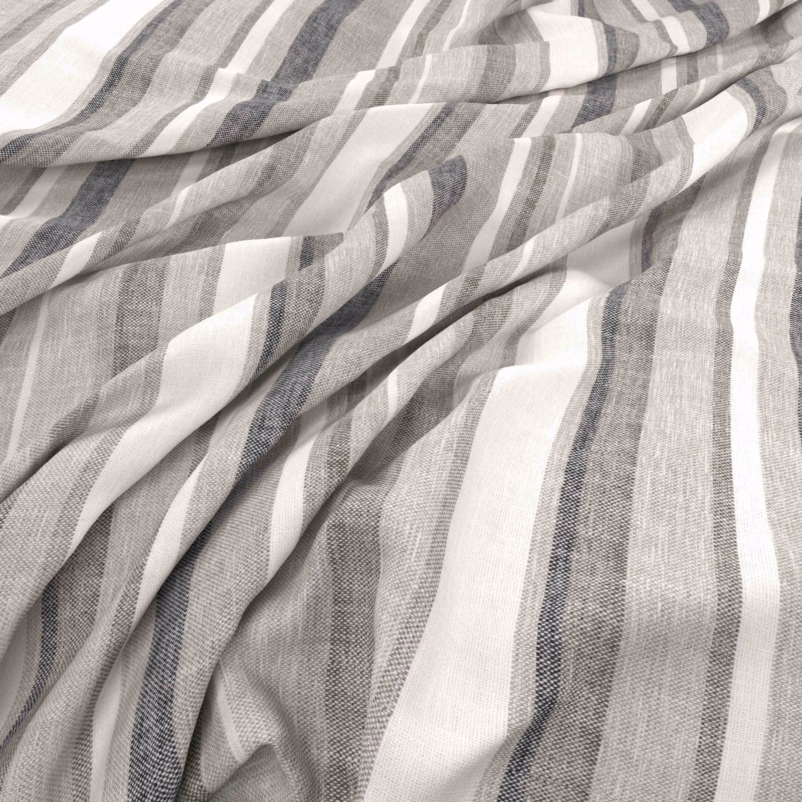 Cool grey and white irregular striped fabric with a fine open weave in soft folds