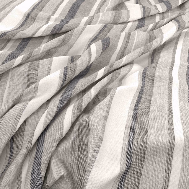 Cool grey and white irregular striped fabric with a fine open weave in soft folds