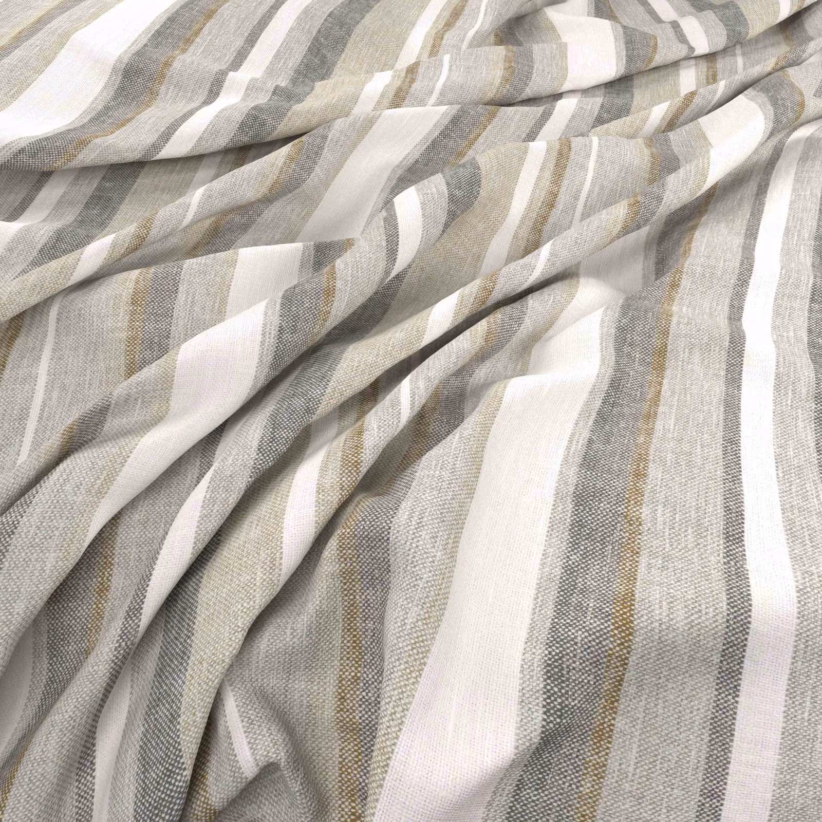 Warm taupe, grey and ivory striped fabric with a fine woven texture in soft folds