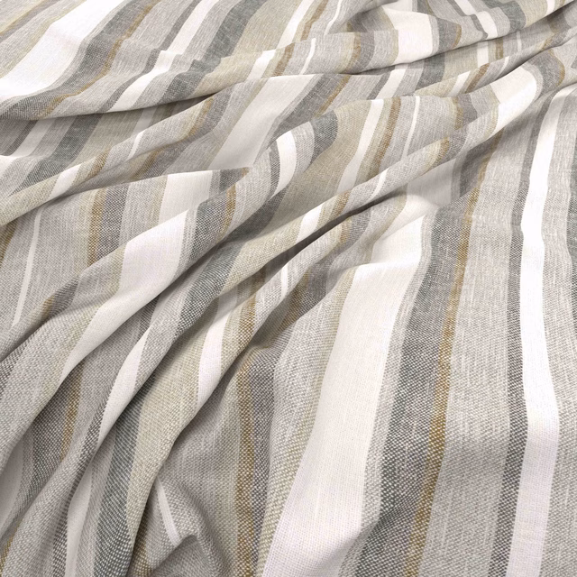 Warm taupe, grey and ivory striped fabric with a fine woven texture in soft folds