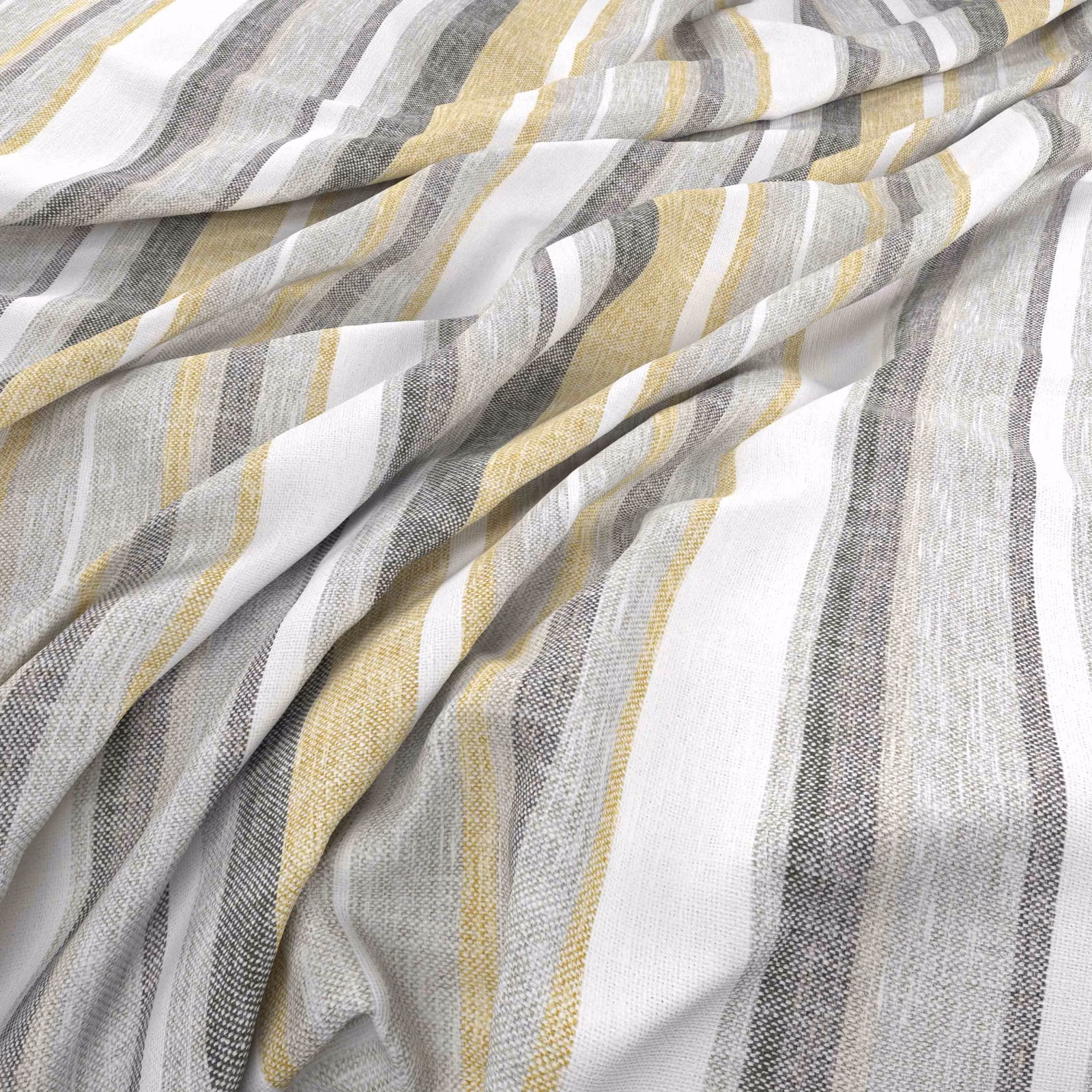 Flamborough Straw fabric with rippling grey, white and straw vertical stripes