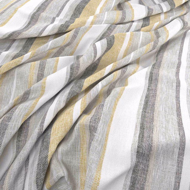 Flamborough Straw fabric with rippling grey, white and straw vertical stripes