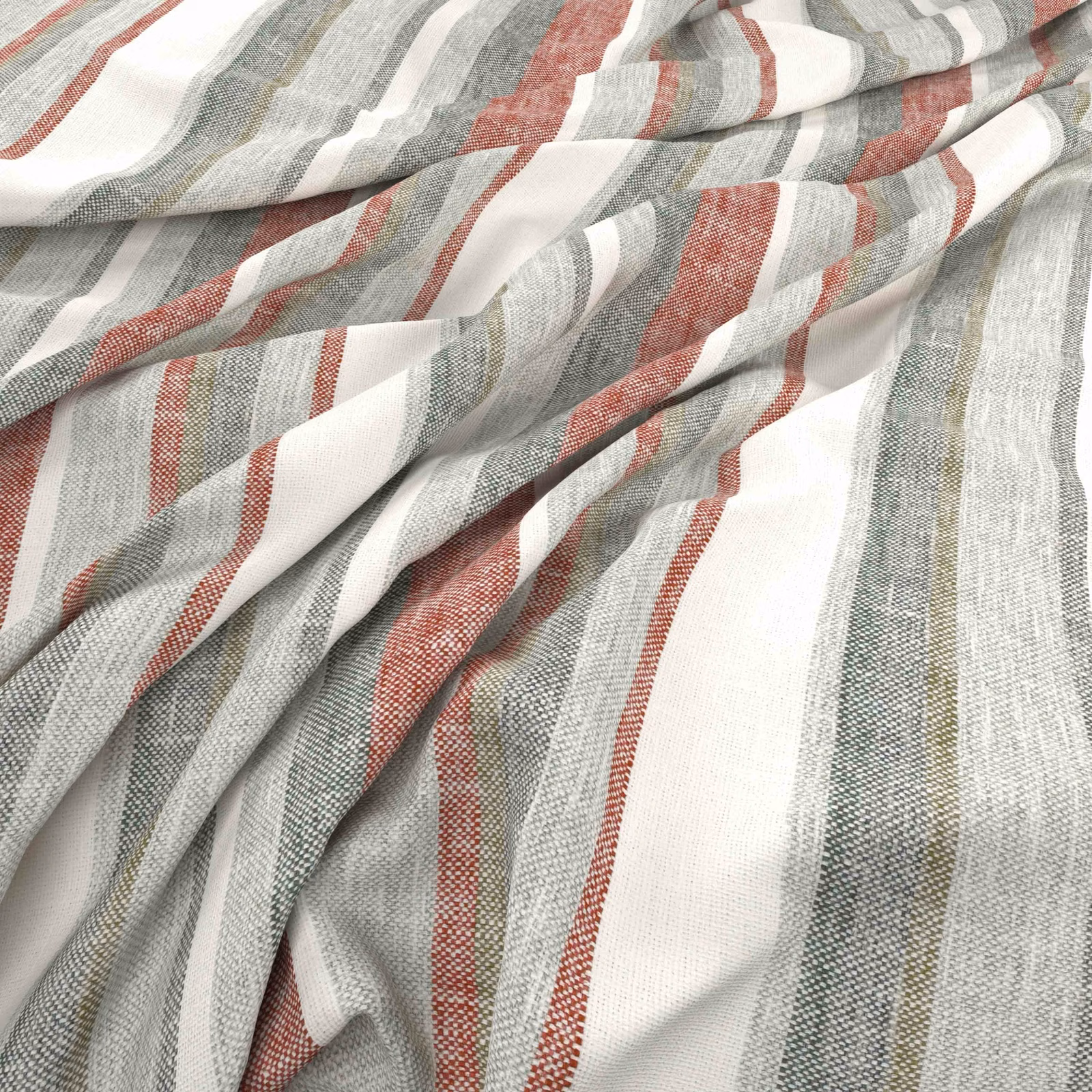 Muted terracotta, chalk white and grey woven stripes gathered into soft folds