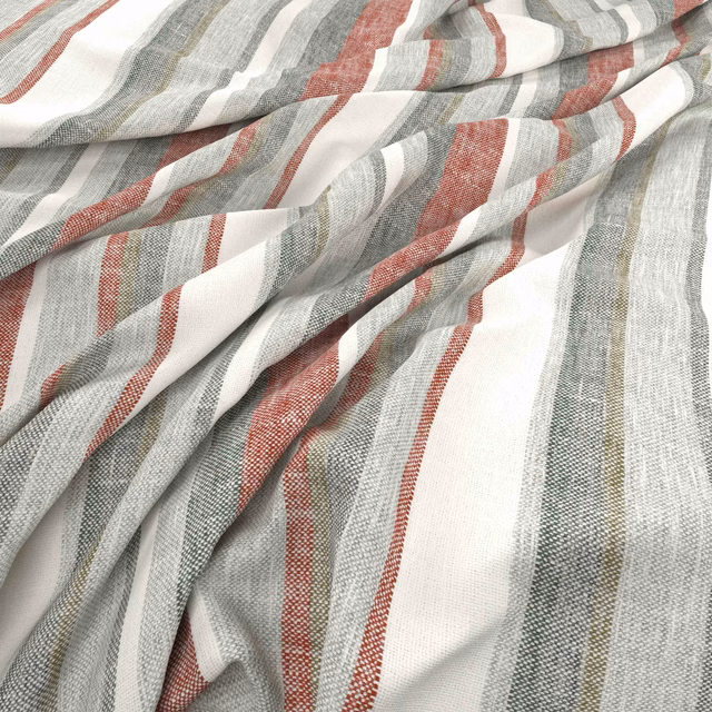 Muted terracotta, chalk white and grey woven stripes gathered into soft folds