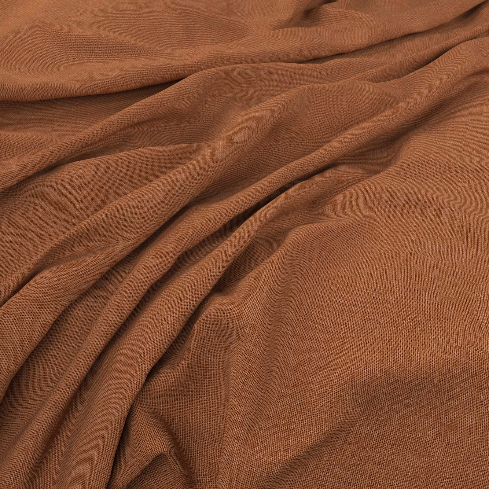 Warm henna terracotta fabric showing a fine plain weave in soft gathered folds