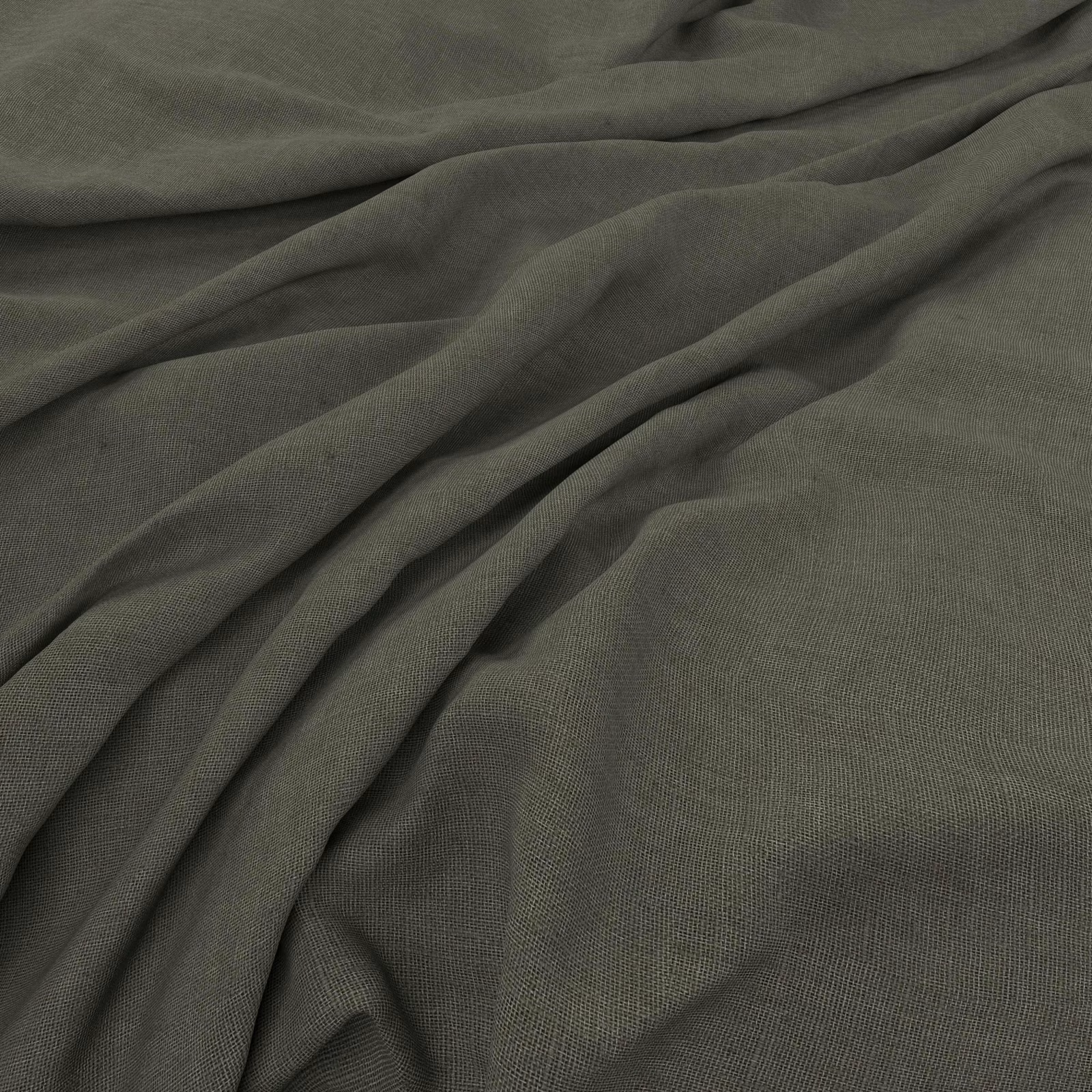 Deep greyed-olive plain-weave fabric gathered into soft, fluid folds
