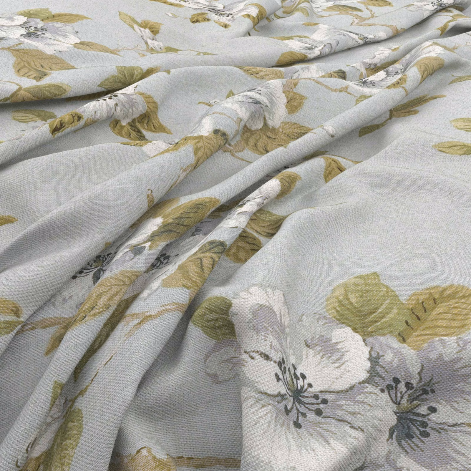Pale duck-egg fabric with cream flowers, olive leaves and a fine woven texture