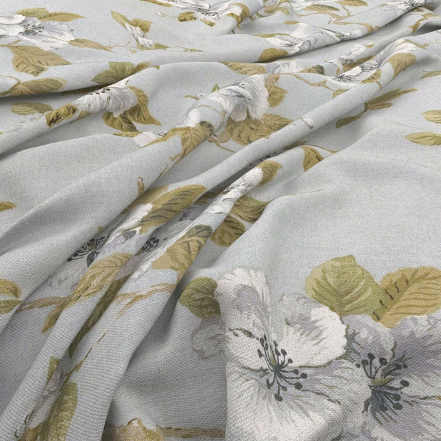 Pale duck-egg fabric with cream flowers, olive leaves and a fine woven texture