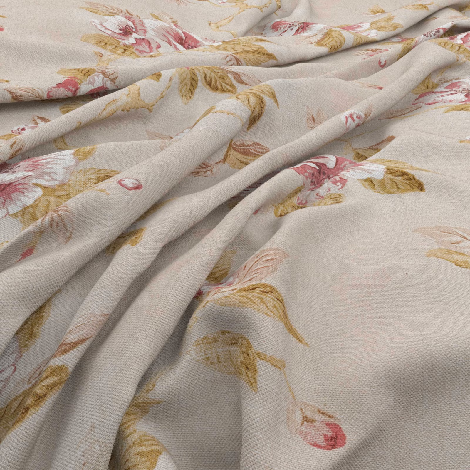Mushroom taupe woven fabric with blush flowers and ochre leaves in soft folds