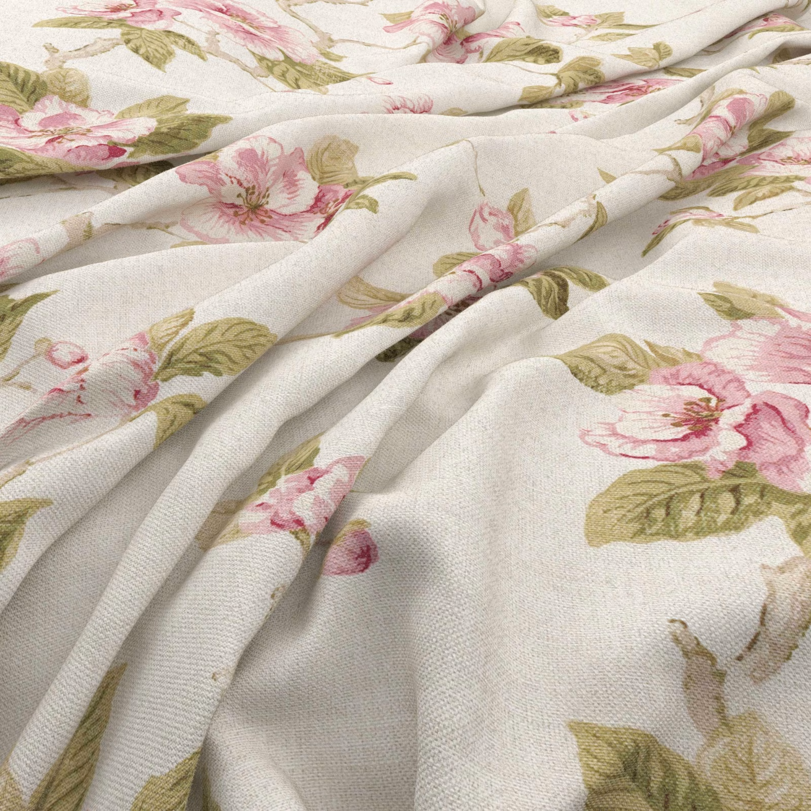 Ivory woven fabric with dusty pink flowers and olive leaves in soft folds