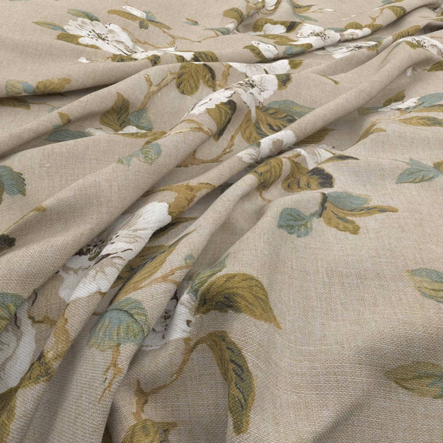 Warm taupe woven fabric with ivory flowers and muted olive, blue-green leaves