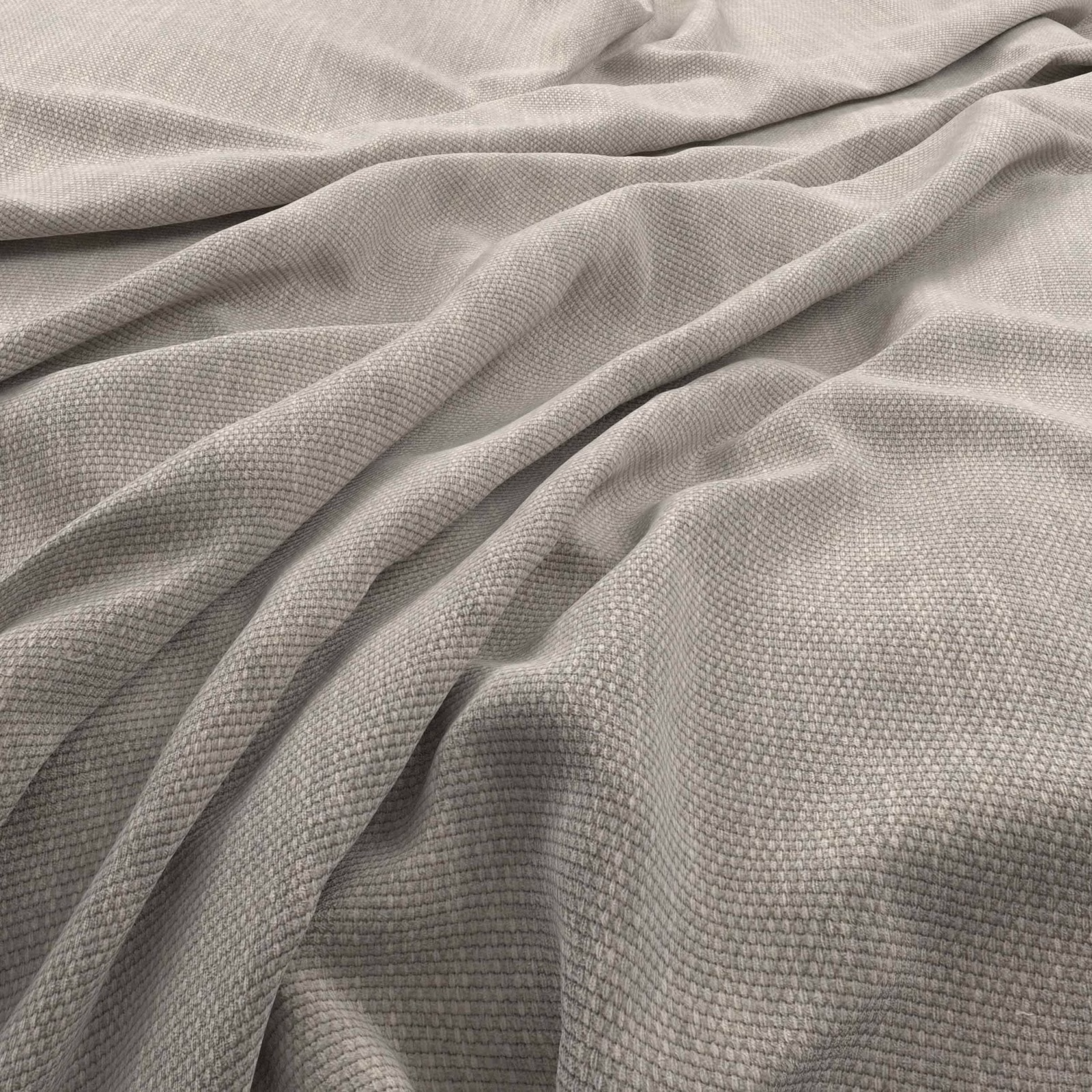 Pale greige woven fabric with fine granular texture gathered into soft folds
