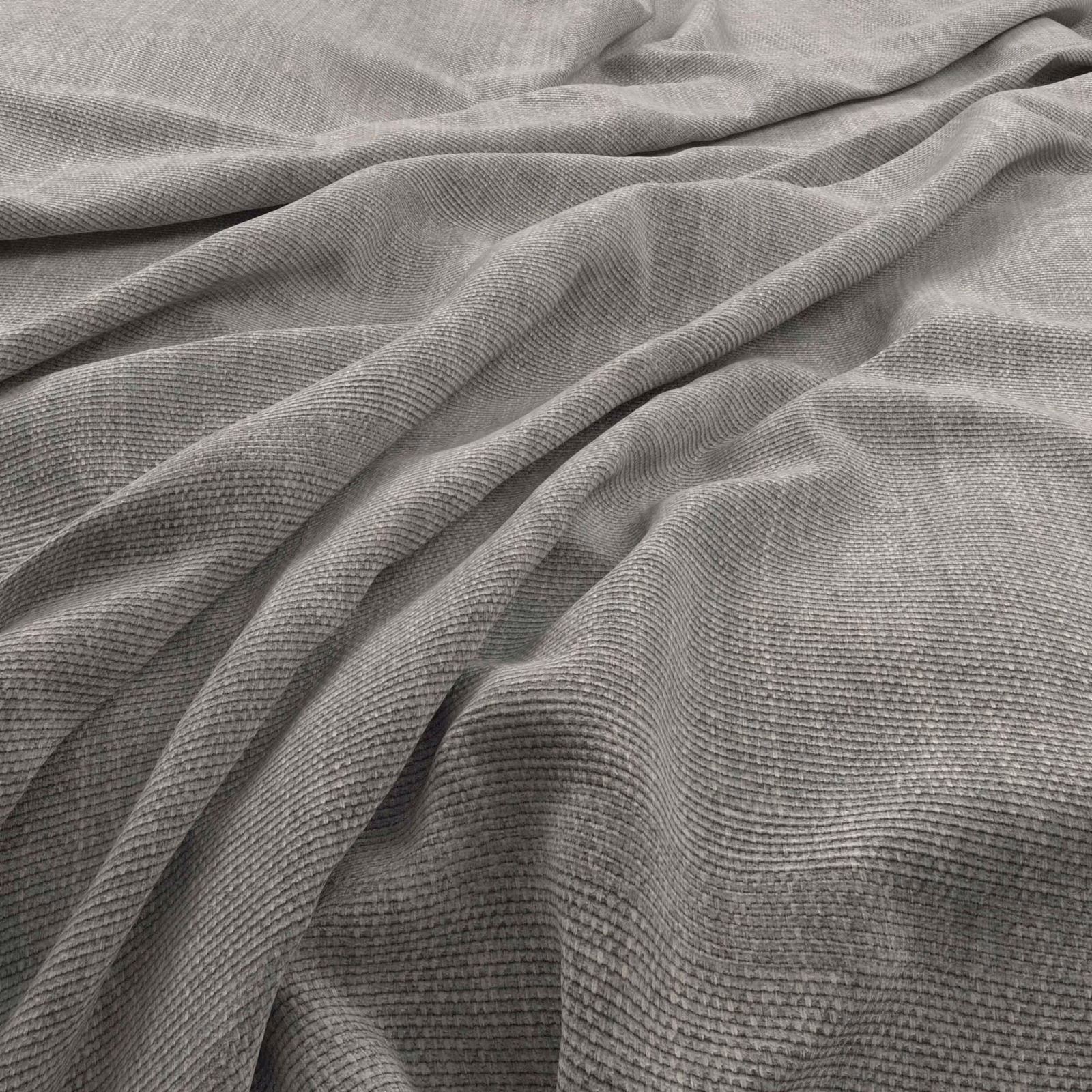 Cool gull-grey fabric with a fine ribbed weave folded into soft, fluid drapes