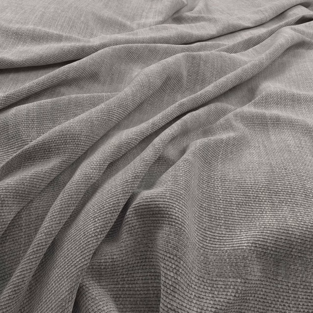 Cool gull-grey fabric with a fine ribbed weave folded into soft, fluid drapes
