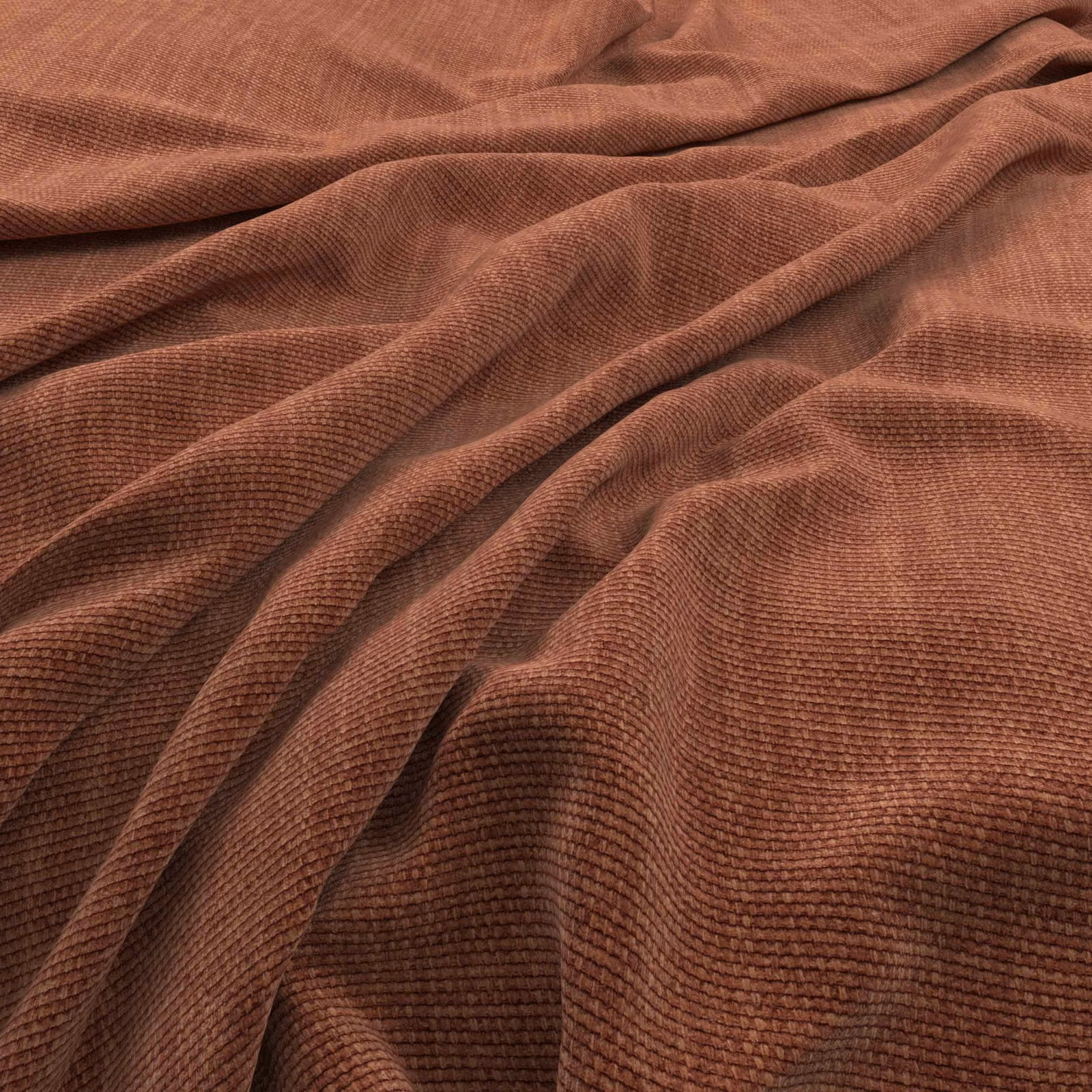 Warm henna-brown ribbed textile gathered into soft, shadowed folds