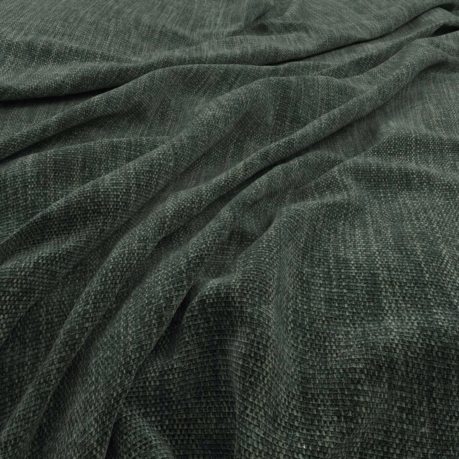 Deep hunter-green woven fabric gathered into soft, textured folds