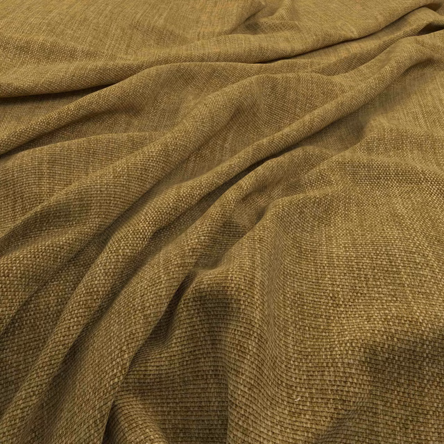 Warm ochre woven textile with fine grid texture gathered into deep folds