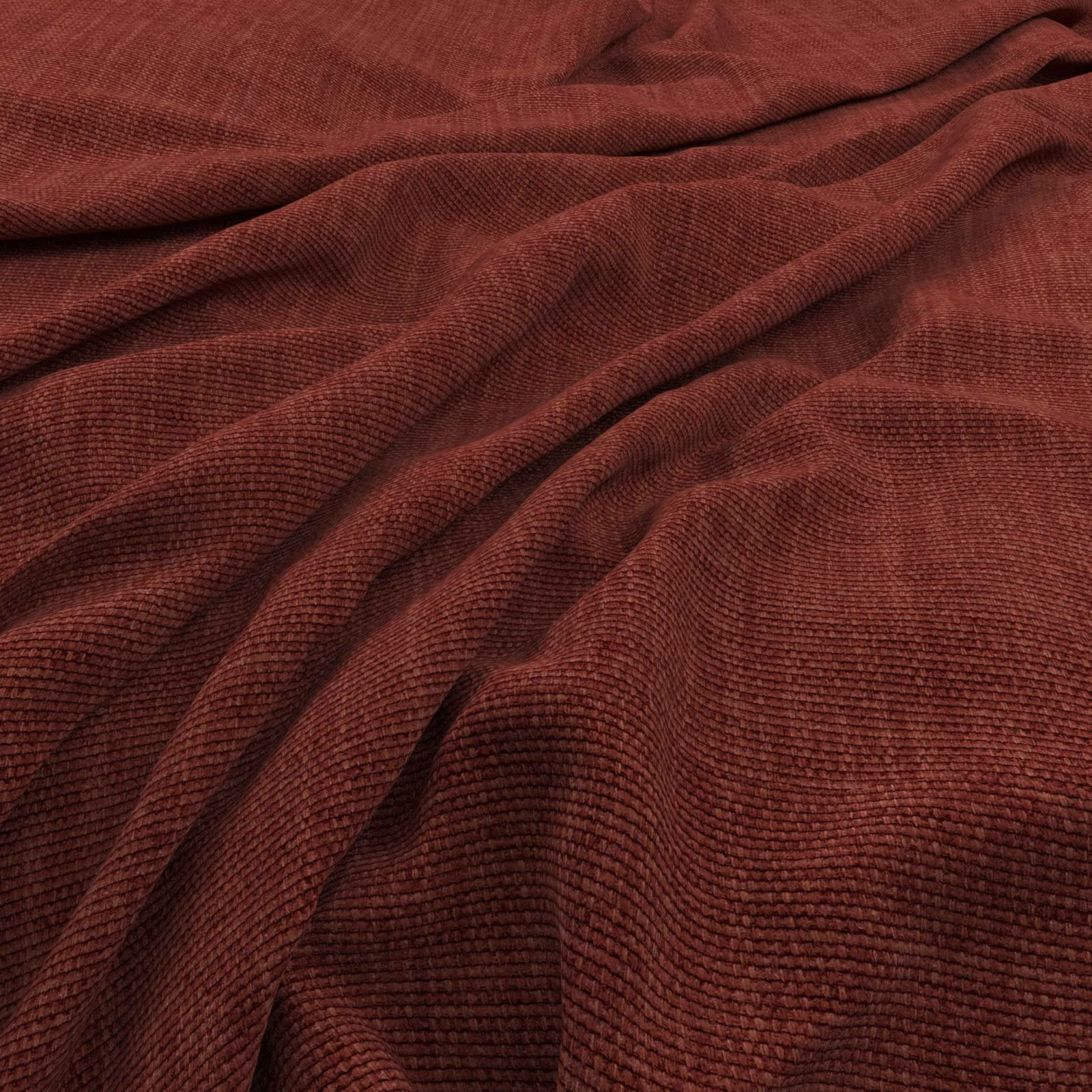 Deep oxblood-red textile with fine raised ribs folding into soft shadowed drapes