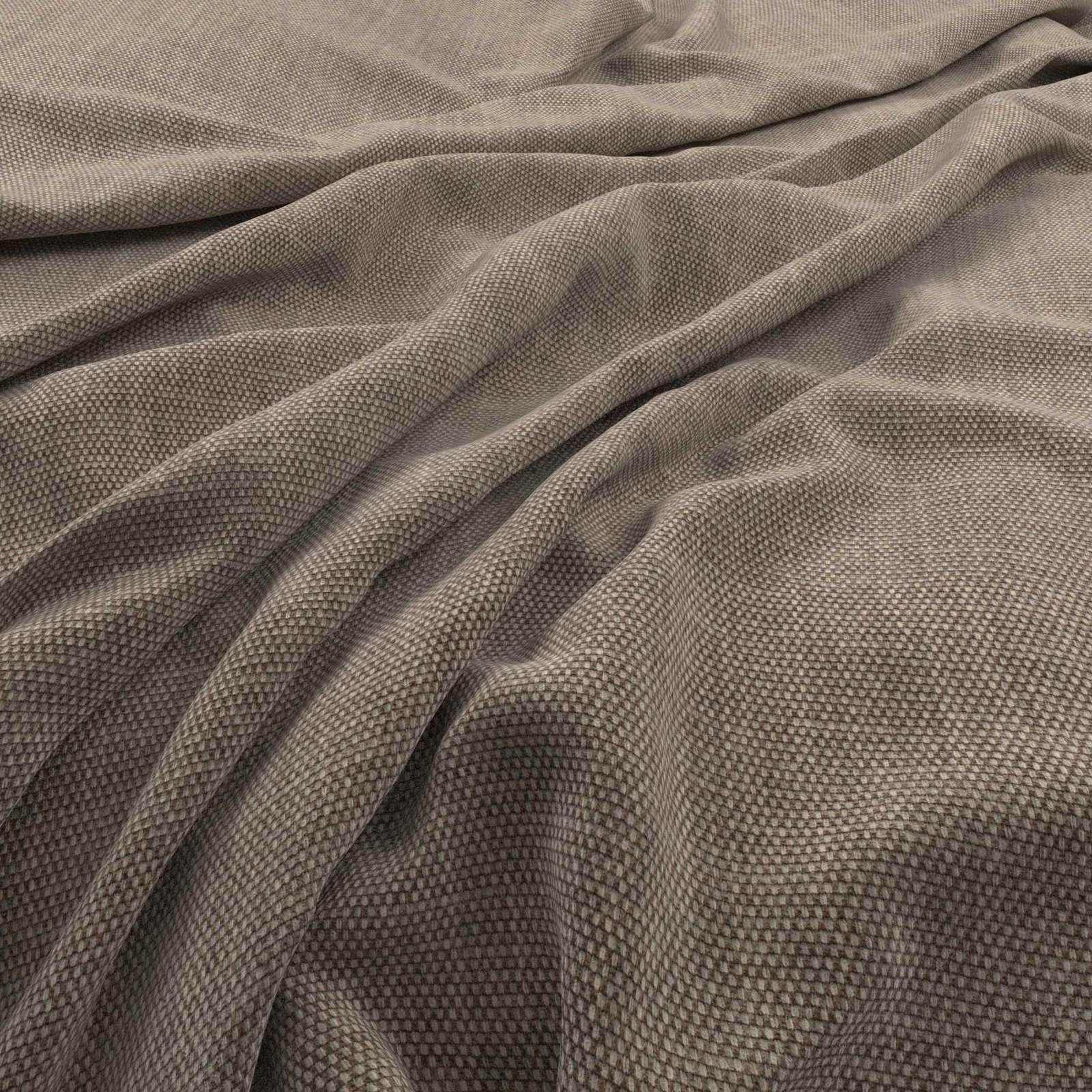 Warm praline taupe fabric with dense pebbled weave arranged in soft folds