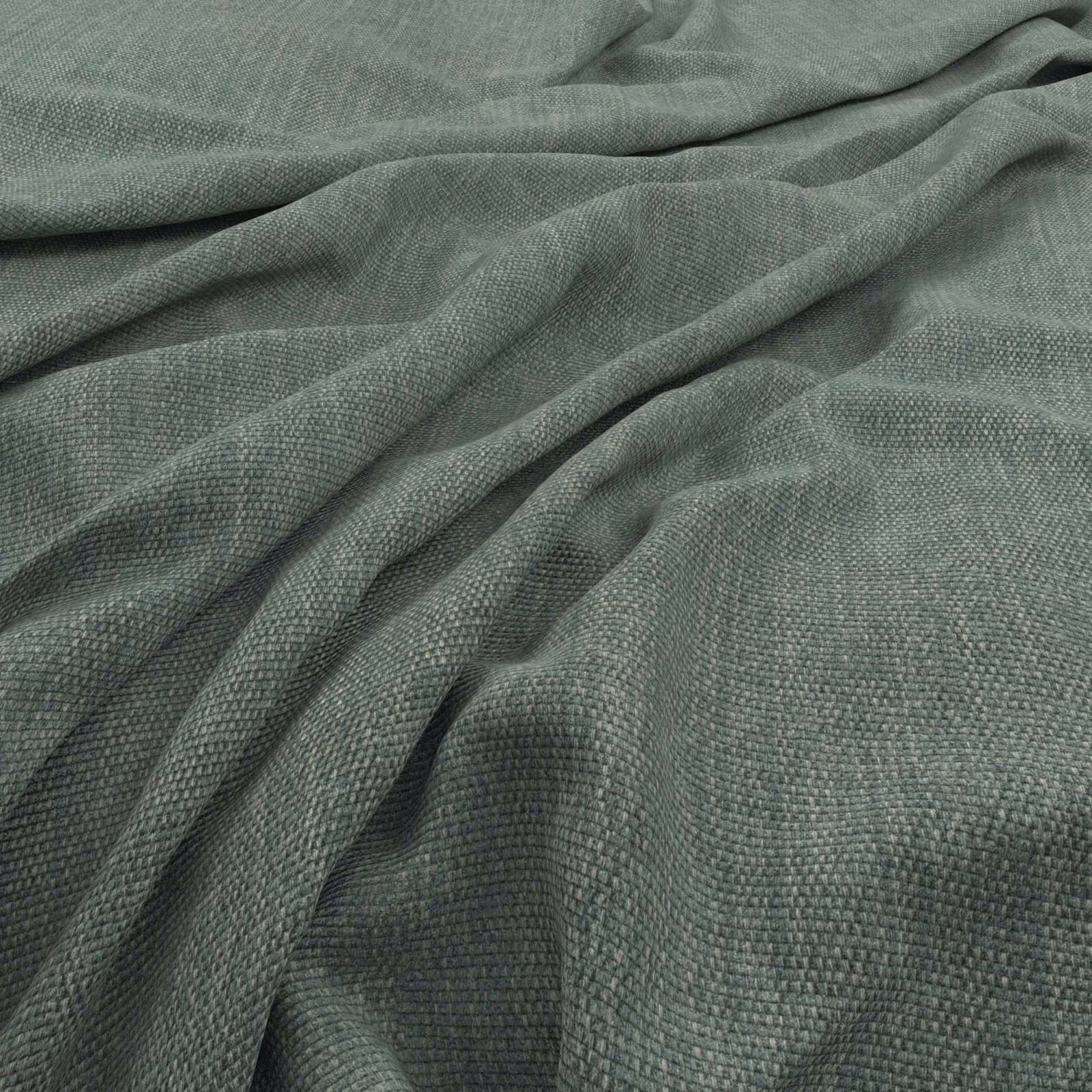 Muted sea-green woven fabric with pebbled texture gathered into soft folds