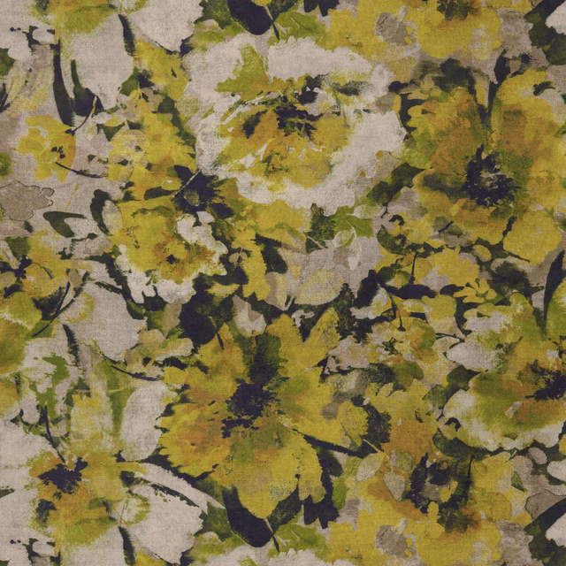 Painterly lime and olive floral fabric on a natural linen-look ground