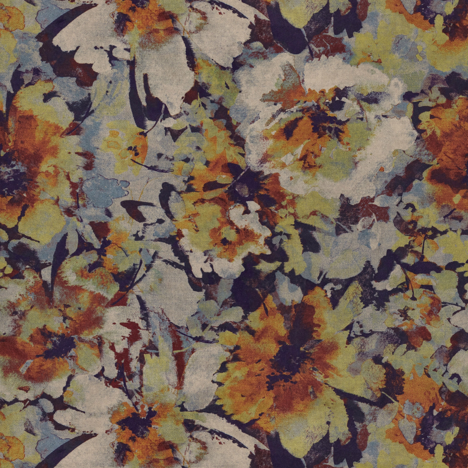 Painterly floral fabric with ivory ground, navy stems, rust and ochre blooms