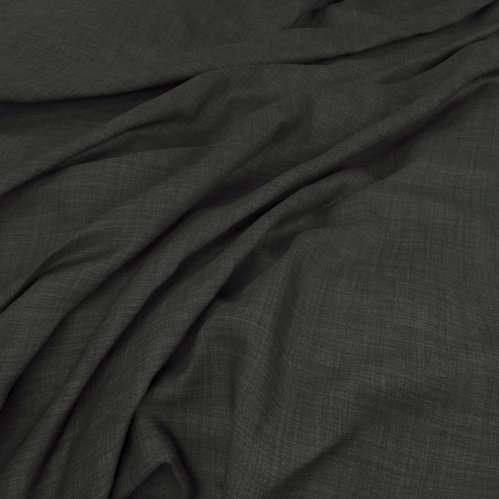 Dark coal-grey fabric with fine crosshatch weave falling into soft diagonal folds