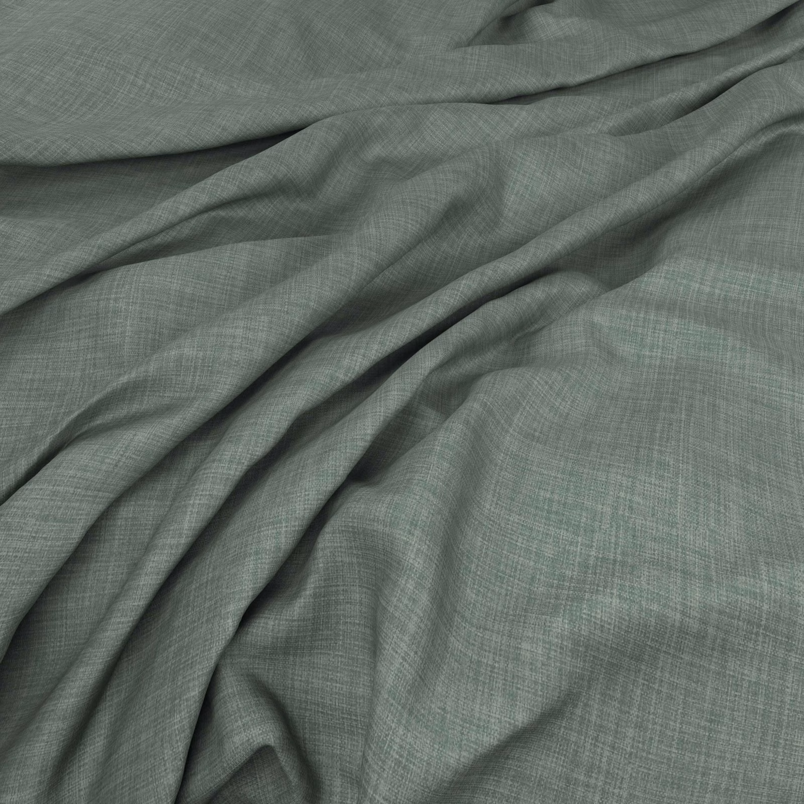 Draped muted juniper-green fabric showing a fine crosshatched weave and soft fluid folds