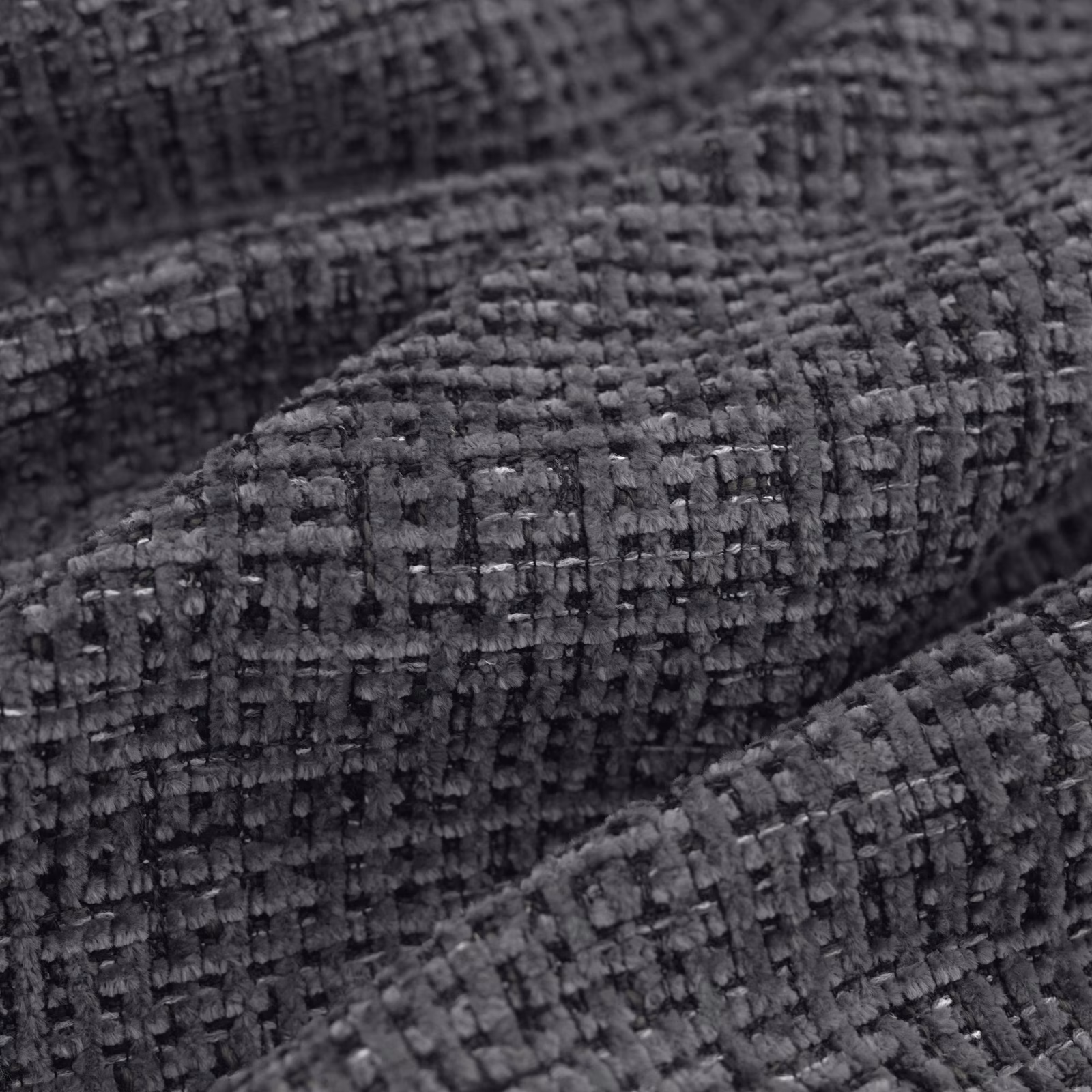 Close-up of dark graphite fabric with chunky irregular grid-like woven texture