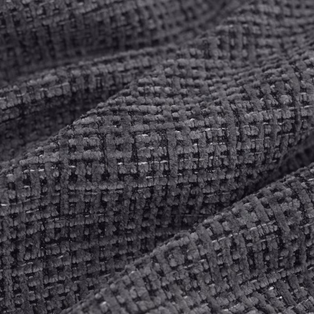 Close-up of dark graphite fabric with chunky irregular grid-like woven texture